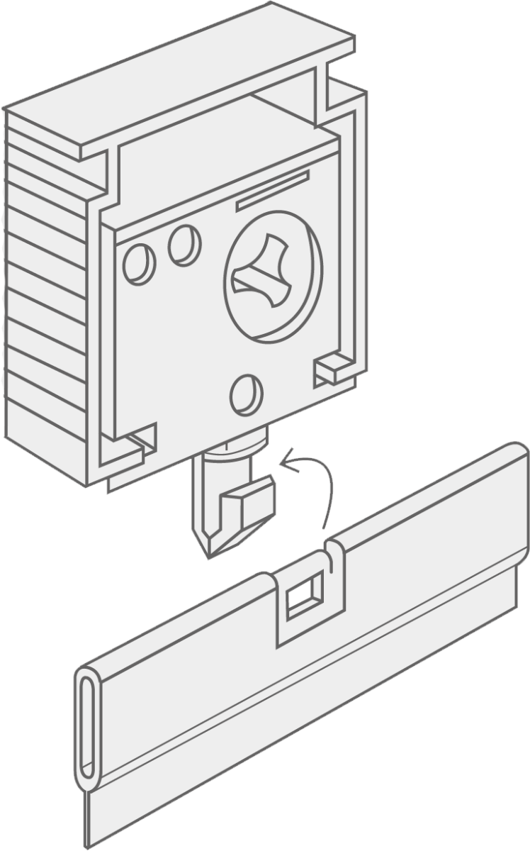 A diagram showing how to clip the vertical vanes onto the headrail 