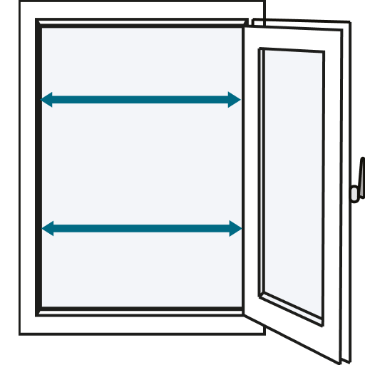Open het raam volledig en meet de breedte van de raamopening. Druk geen rubber aan tijdens het meten en gebruik geen marges bij het invoeren van de maat.